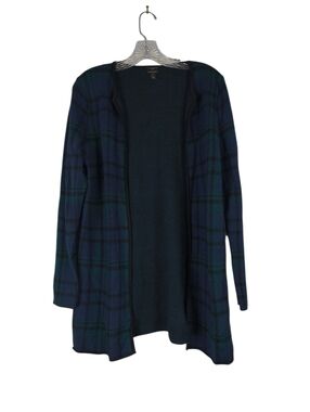 Talbots Cardigan Women's L Petite Pure Merino Wool Black Watch Open Front Plaid